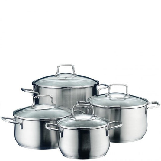 WMF Brillant 8-piece cookware set in satin finish 18/10 stainless steel and glass lids.